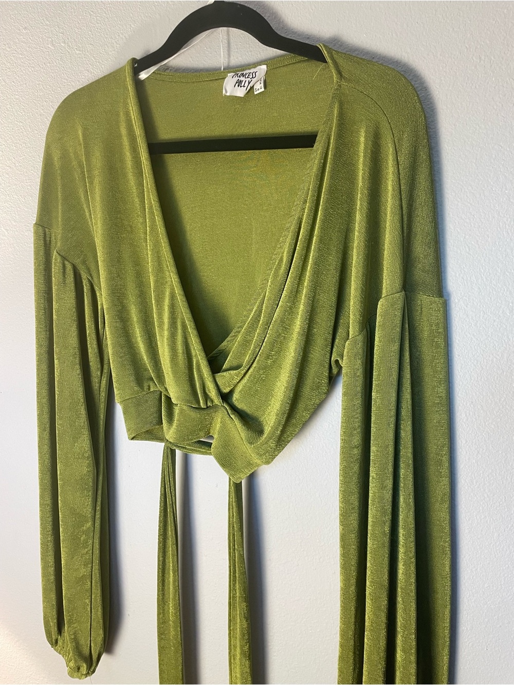 Princess Polly Olive Green Wrap Crop Top Balloon Sleeve Tie Waist US 8